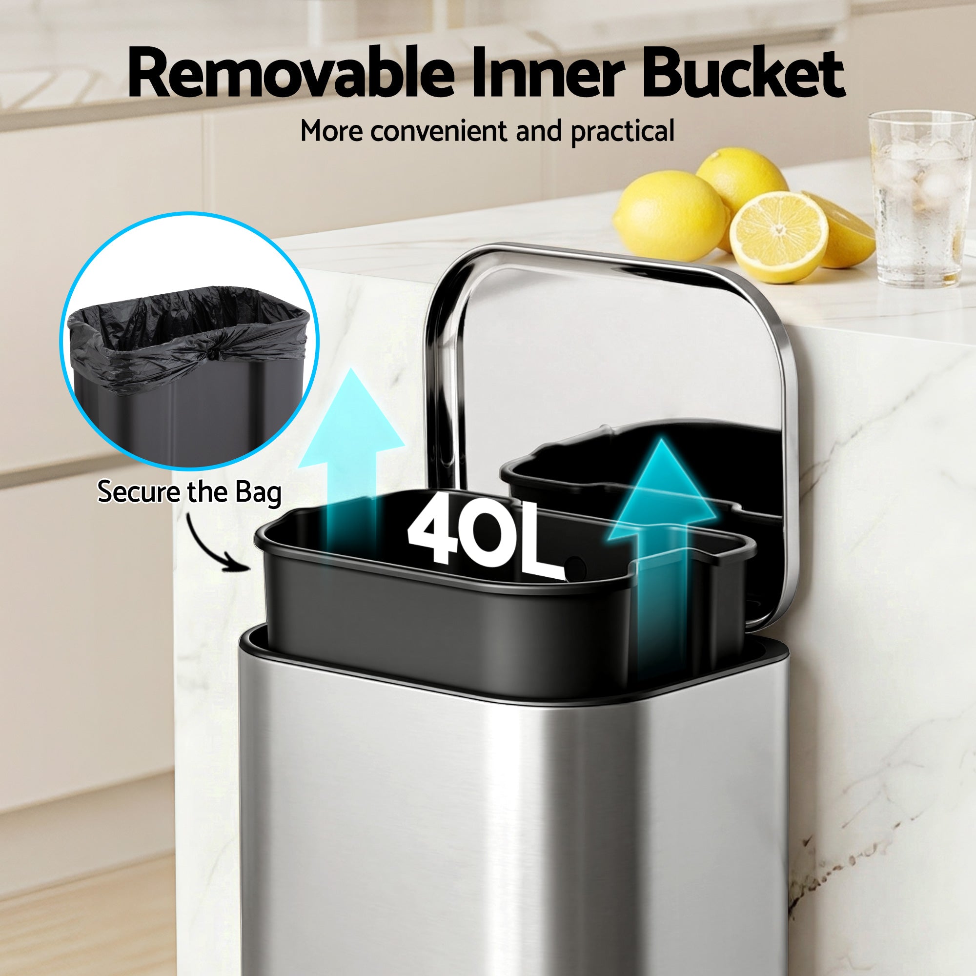 40L Pedal Bins Rubbish Bin Steel with Soft Close Lid, Silver