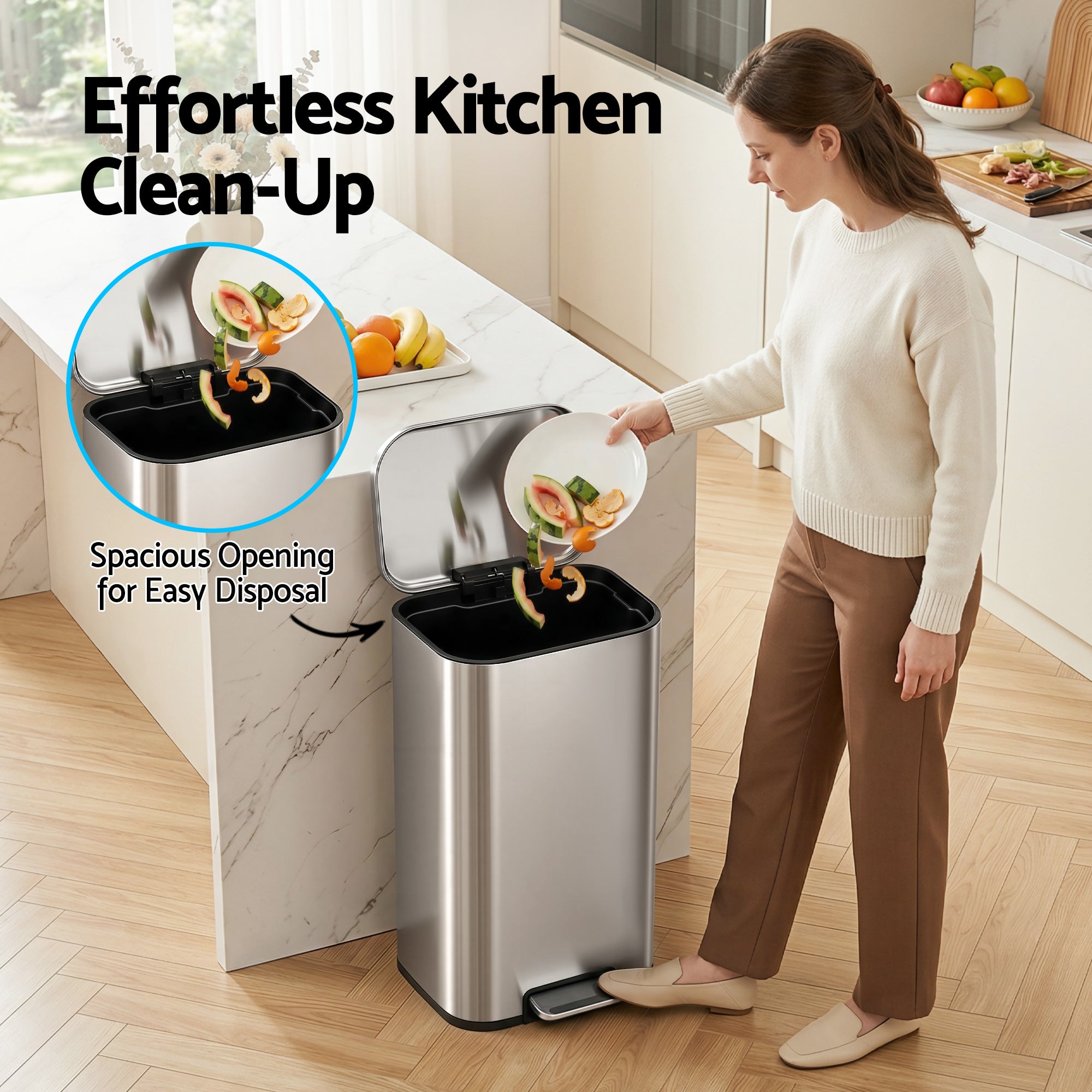 40L Pedal Bins Rubbish Bin Steel with Soft Close Lid, Silver