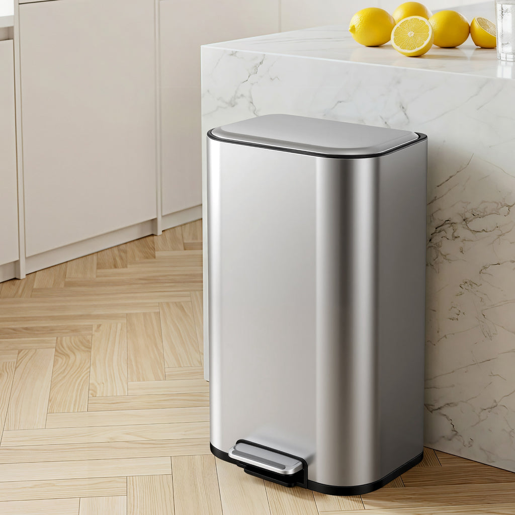40L Pedal Bins Rubbish Bin Steel with Soft Close Lid, Silver