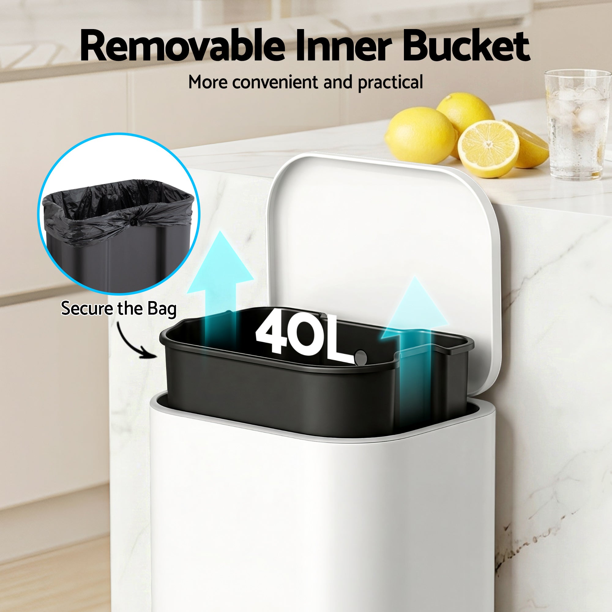 40L Pedal Bins Rubbish Bin, White