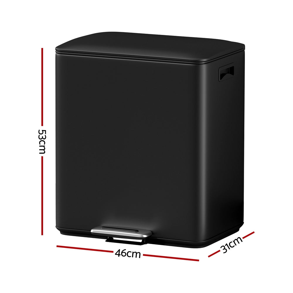 Pedal Bins Rubbish Bin Dual Compartment 40L Black