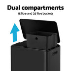 Pedal Bins Rubbish Bin Dual Compartment 40L Black