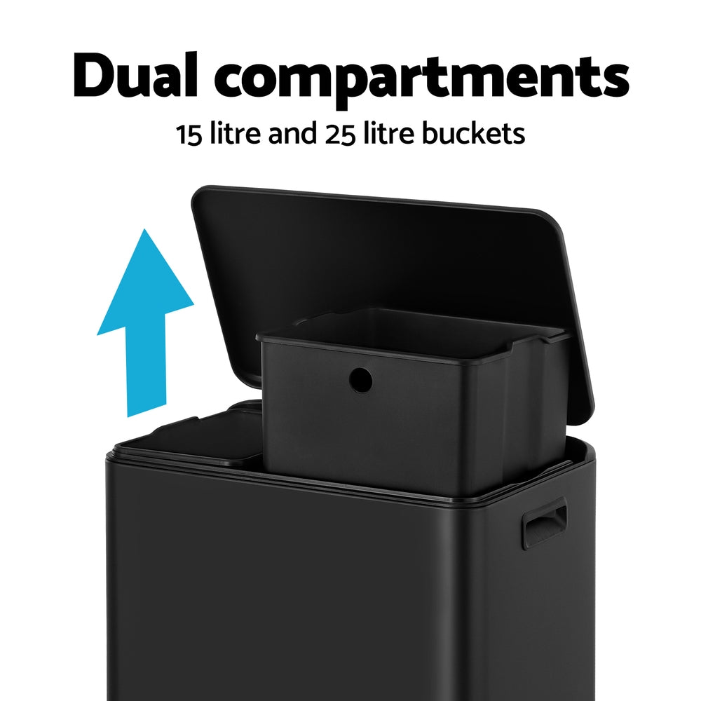Pedal Bins Rubbish Bin Dual Compartment 40L Black