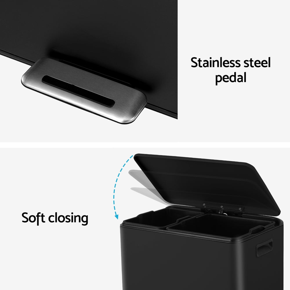 Pedal Bins Rubbish Bin Dual Compartment 40L Black