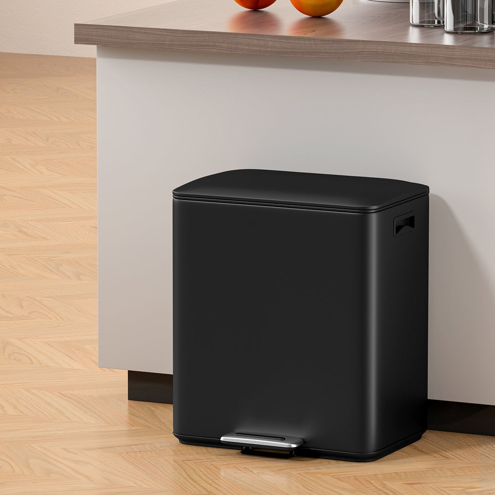 Pedal Bins Rubbish Bin Dual Compartment 40L Black