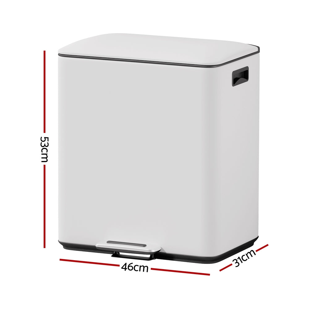 Pedal Bins Rubbish Bin Dual Compartment Dustbins 40L White