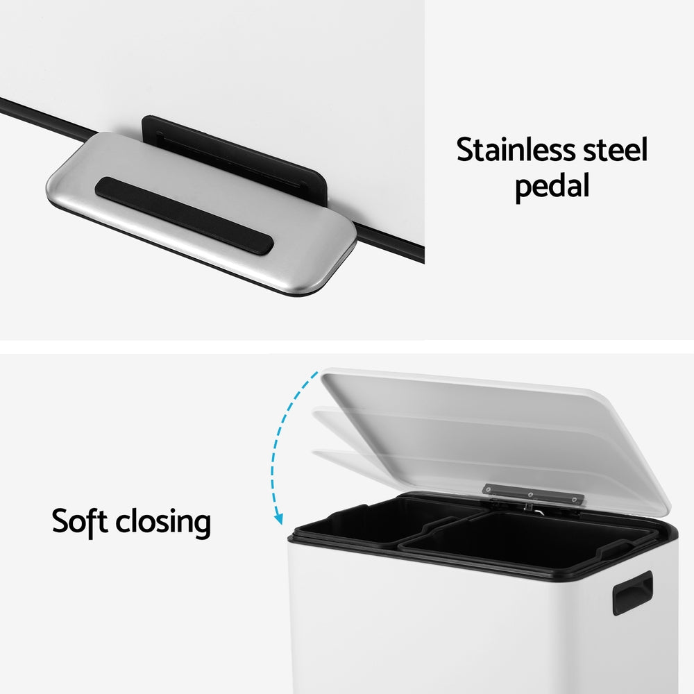 Pedal Bins Rubbish Bin Dual Compartment Dustbins 40L White