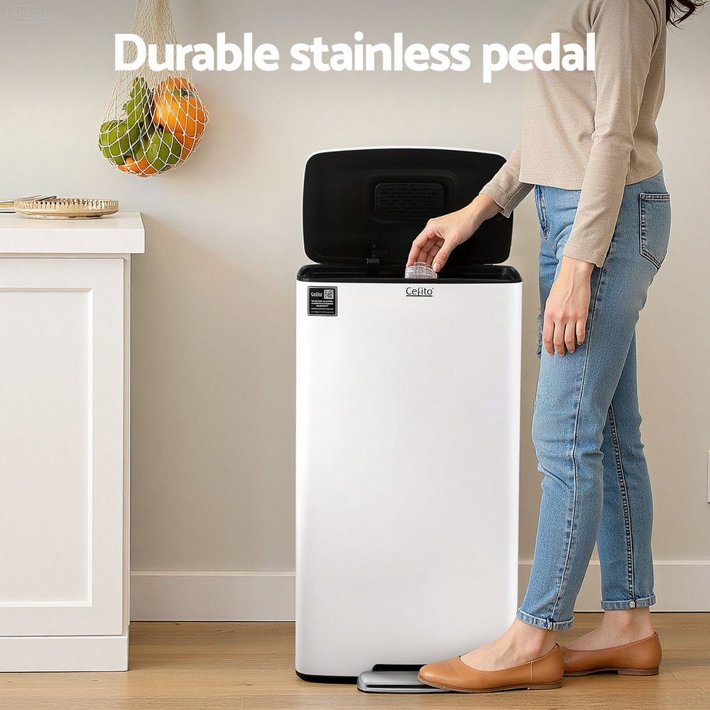 Pedal Bins Rubbish Bin Waste Recycle Dustbins Kitchen Trash Can 40L White