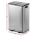 Rubbish Bin Dual Compartment Waste Recycle Dustbins 60L Silver