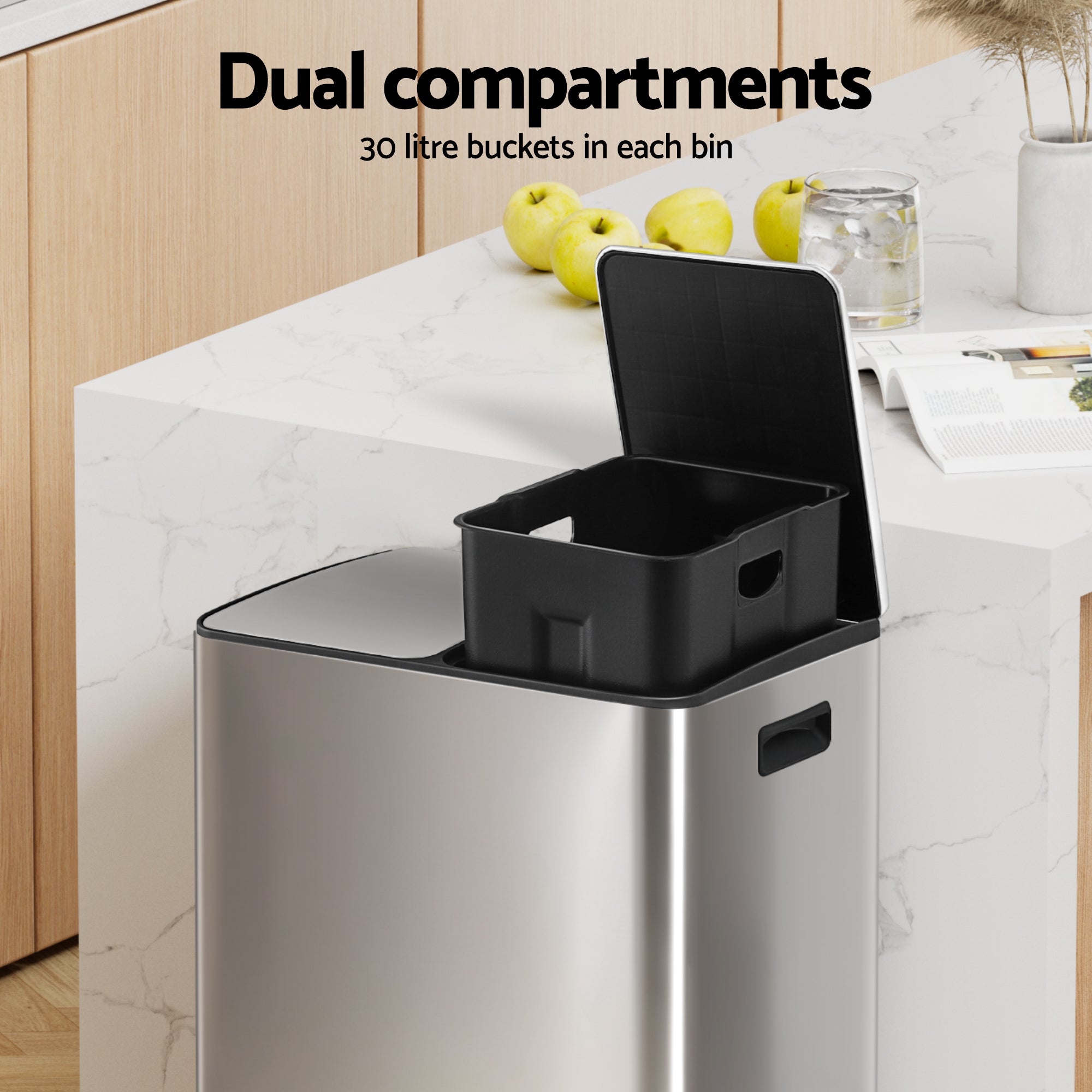 Rubbish Bin Dual Compartment Waste Recycle Dustbins 60L Silver