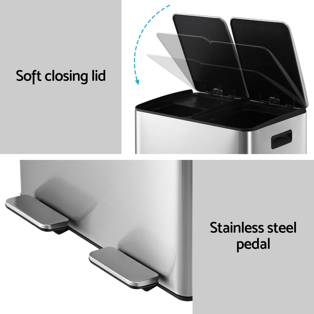 Rubbish Bin Dual Compartment Waste Recycle Dustbins 60L Silver