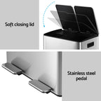 Rubbish Bin Dual Compartment Waste Recycle Dustbins 60L Silver