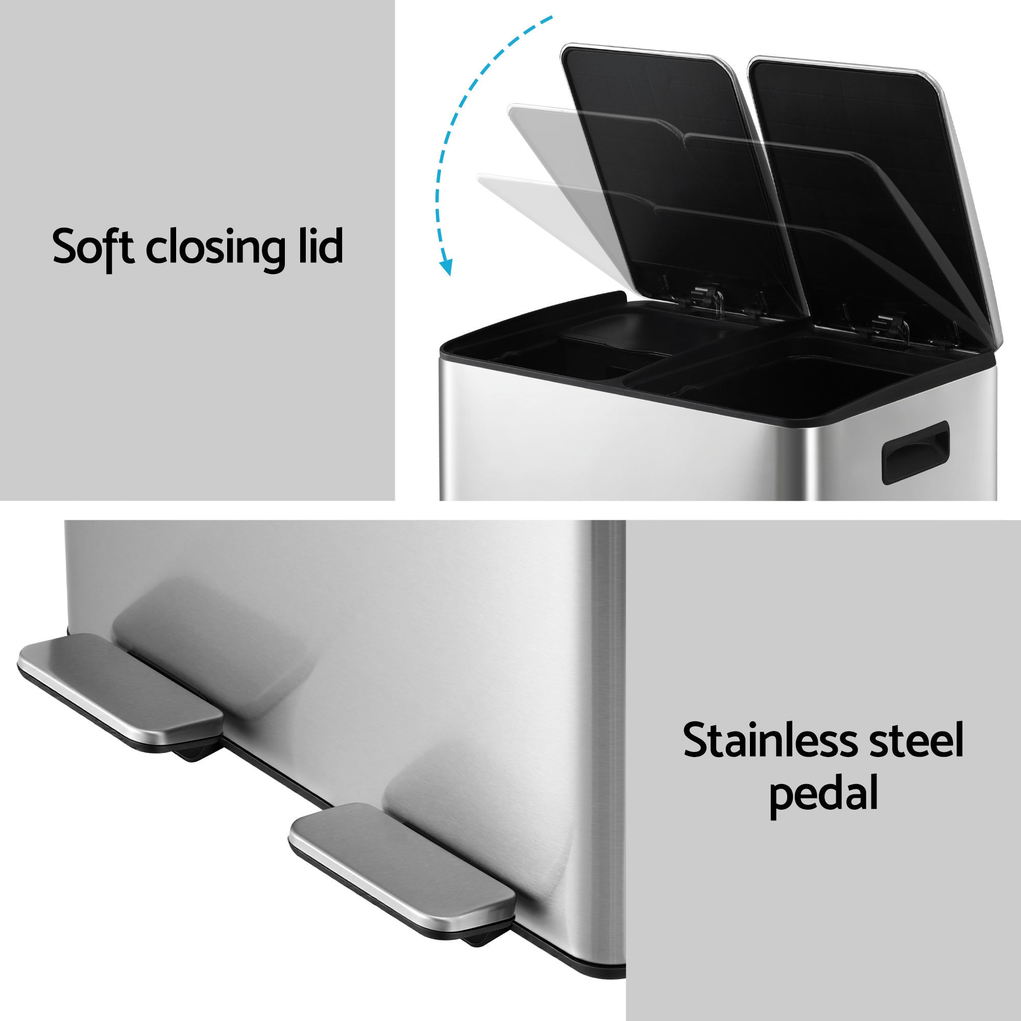 Rubbish Bin Dual Compartment Waste Recycle Dustbins 60L Silver