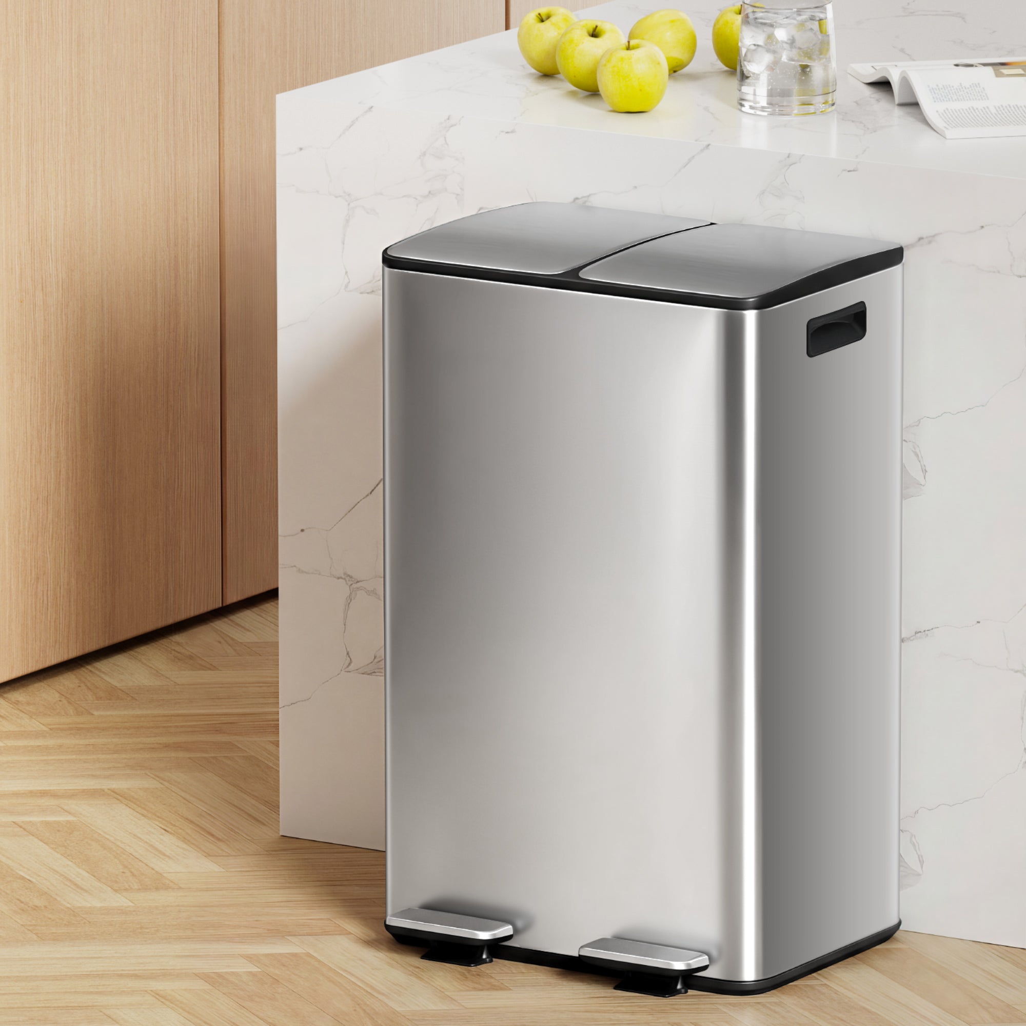 Rubbish Bin Dual Compartment Waste Recycle Dustbins 60L Silver