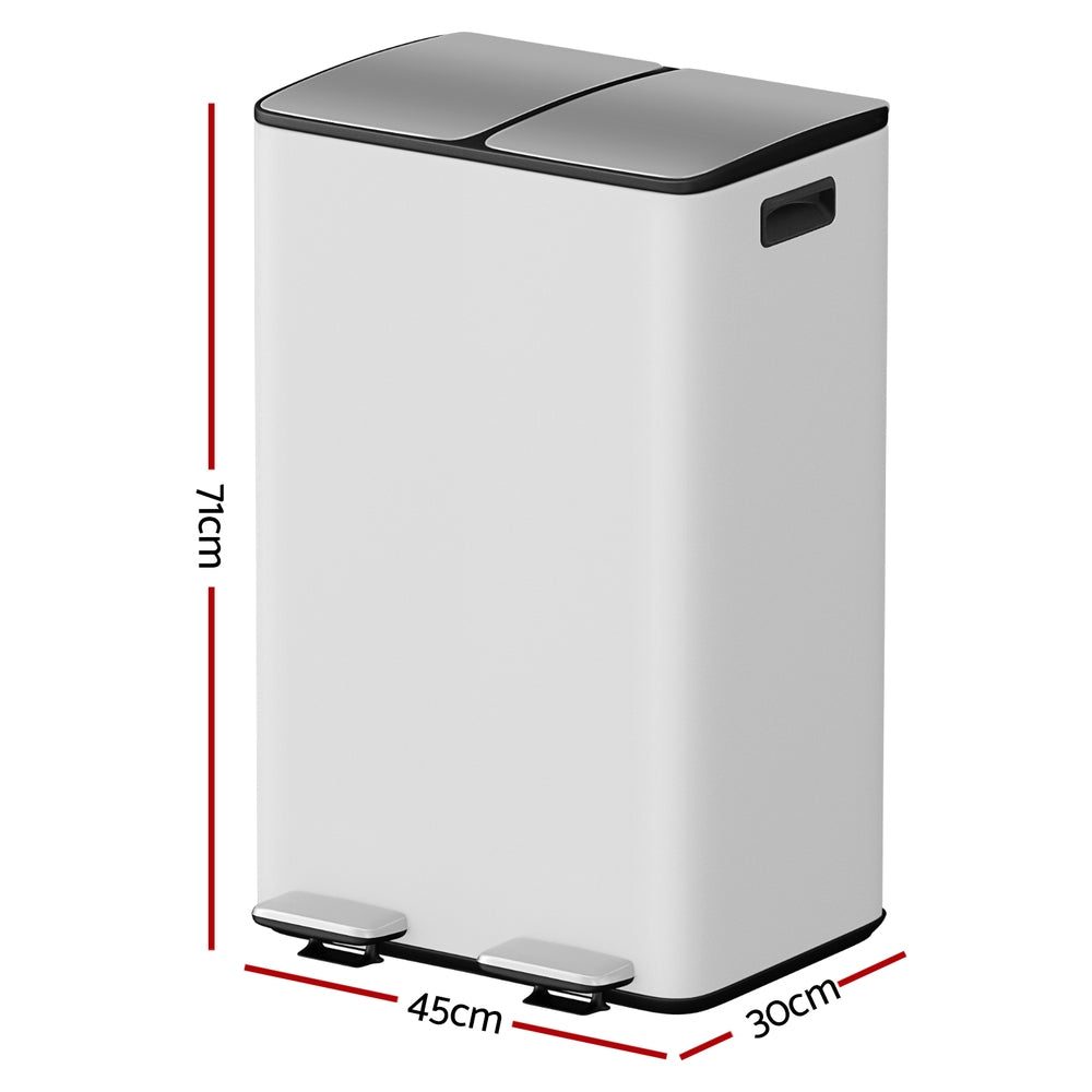 Pedal Rubbish Bin Dual Compartment Dustbins 60L White