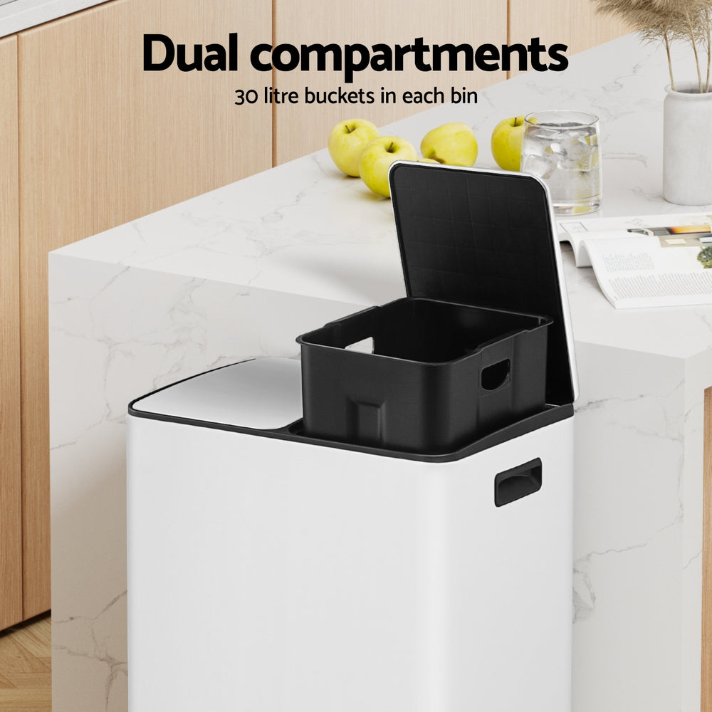 Pedal Rubbish Bin Dual Compartment Dustbins 60L White