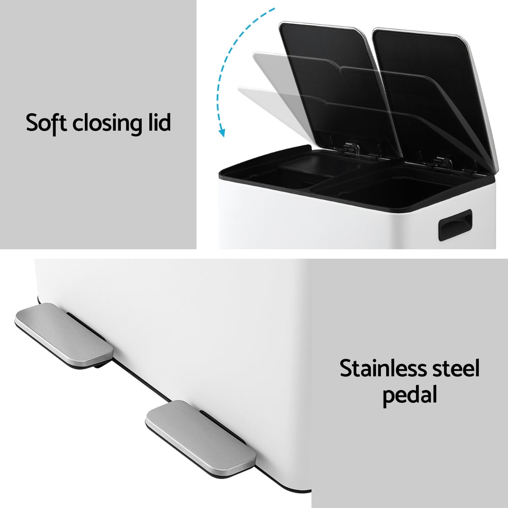 Pedal Rubbish Bin Dual Compartment Dustbins 60L White