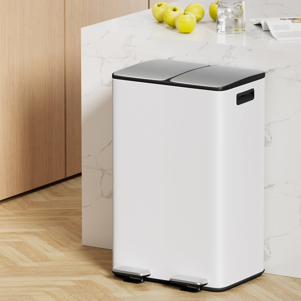 Pedal Rubbish Bin Dual Compartment Dustbins 60L White