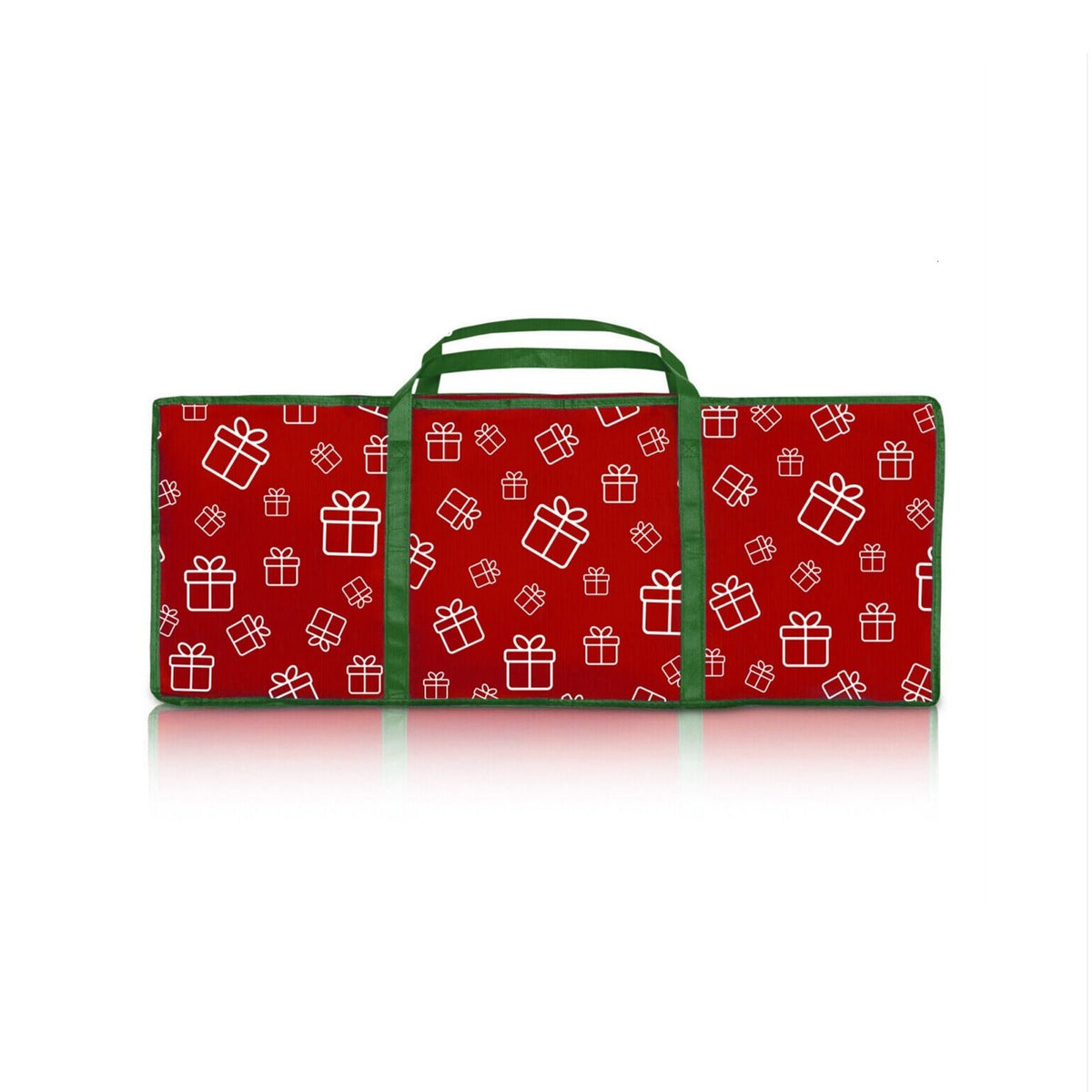 Christmas wrapping paper storage bag with red gift print and green handle