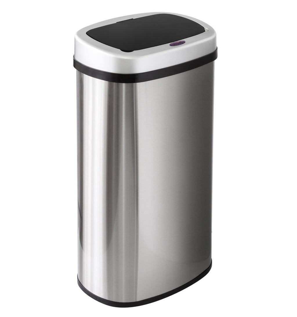 Stainless steel trash can with black lid on a white background