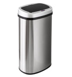 Stainless steel trash can with black lid on a white background