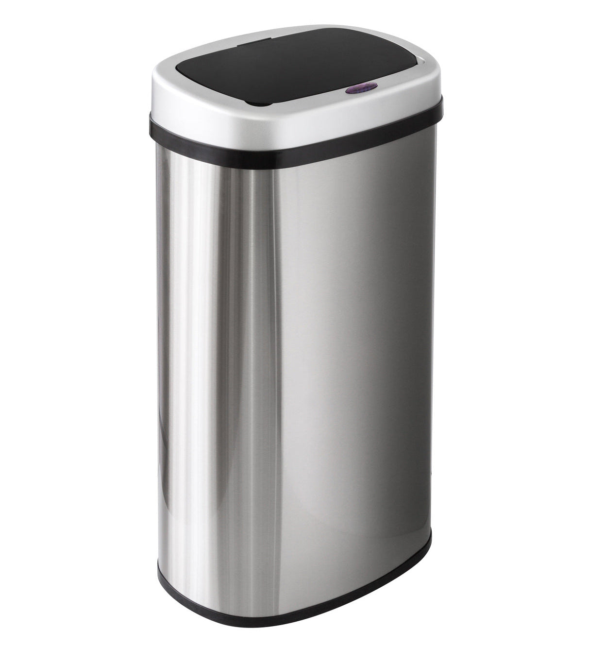 Stainless steel trash can with black lid on a white background