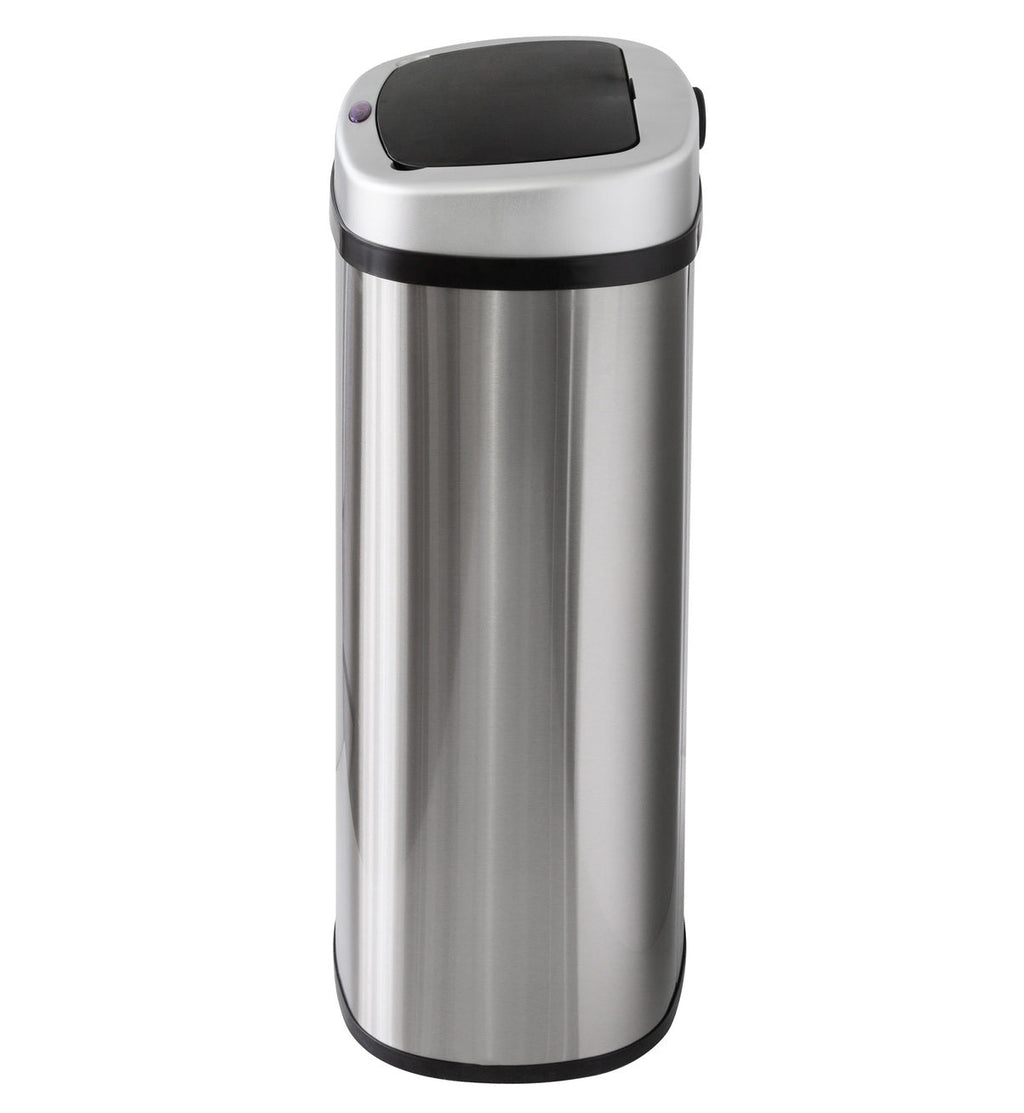 Stainless steel trash can with black lid on a white background