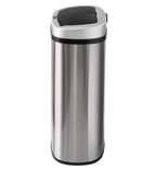 Stainless steel trash can with black lid on a white background