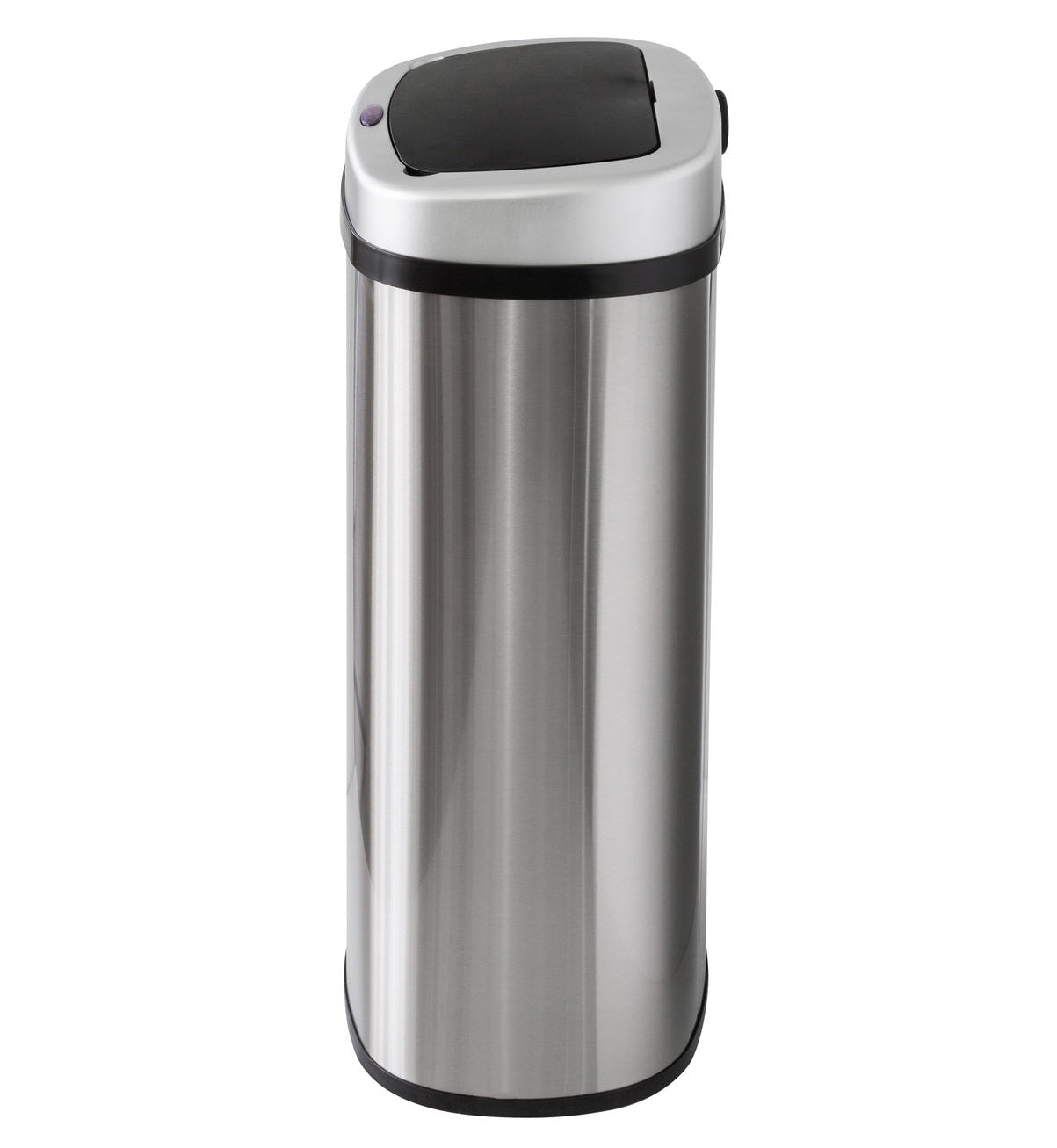 Stainless steel trash can with black lid on a white background