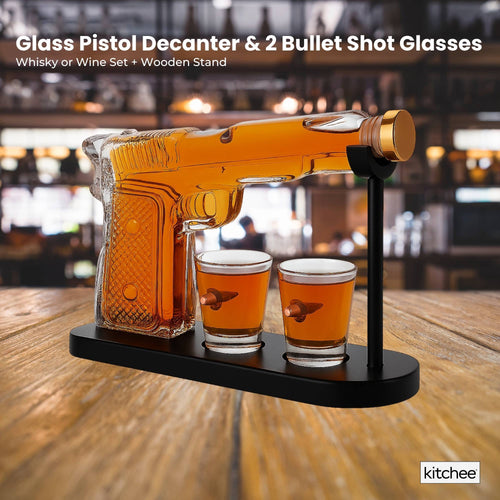 225mL Whisky or Wine Decanter Glass Pistol Set - 2 Shot Glasses + Wooden Stand