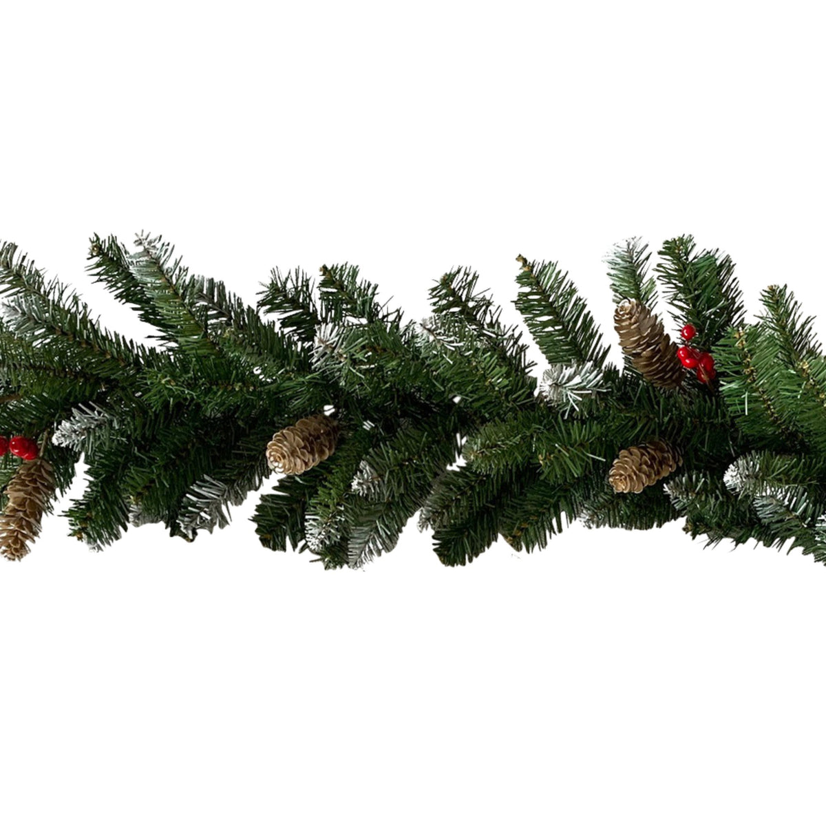 Green pine garland with pine cones and red berries, laid out in a long loop