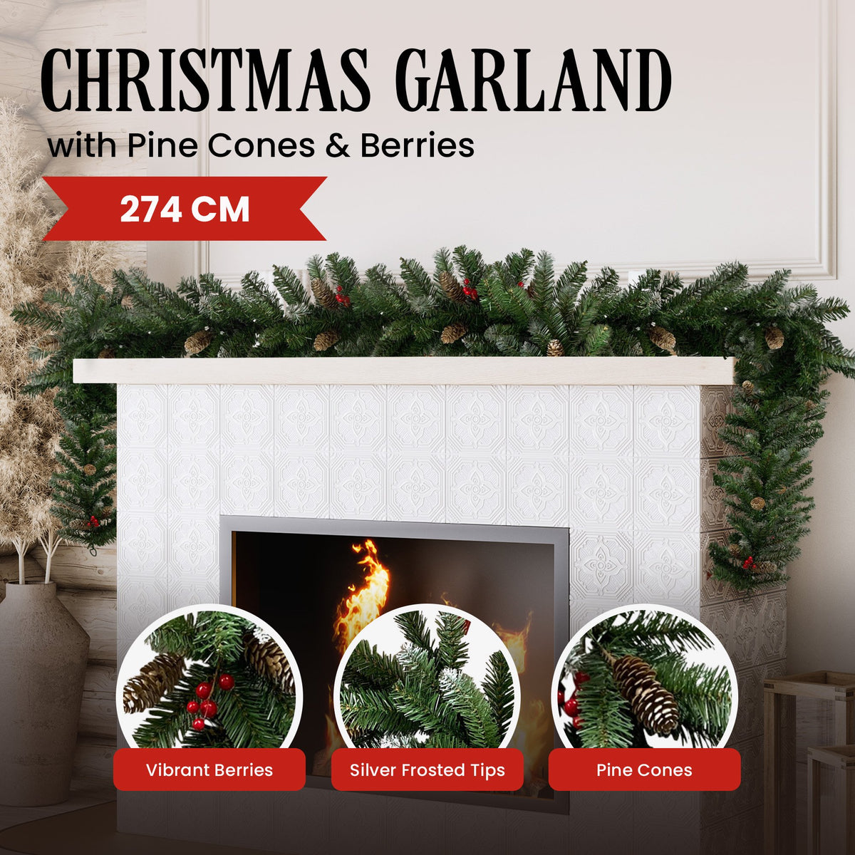 Pine garland with pine cones and red berries, draped across a mantel