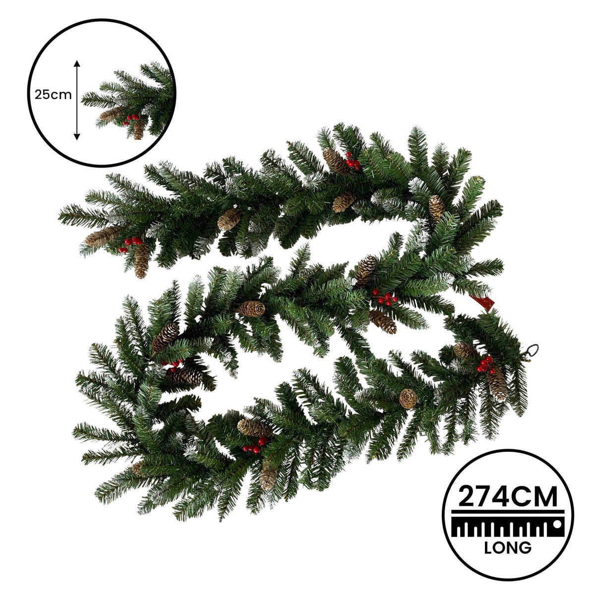 Green pine garland with pine cones and red berries, 274cm long