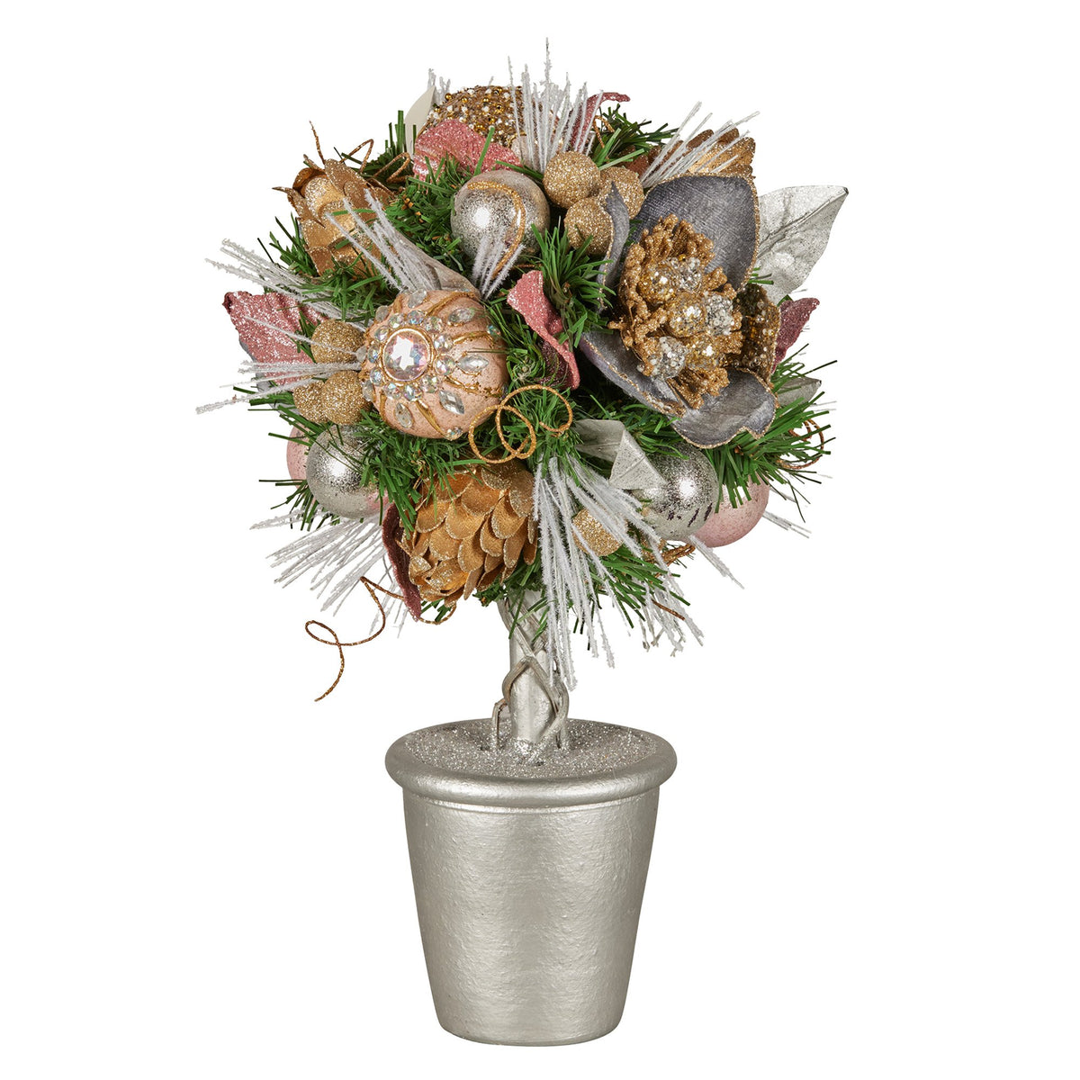 Christmas tabletop topiary tree in silver pot, with jeweled baubles, pine cones, berries