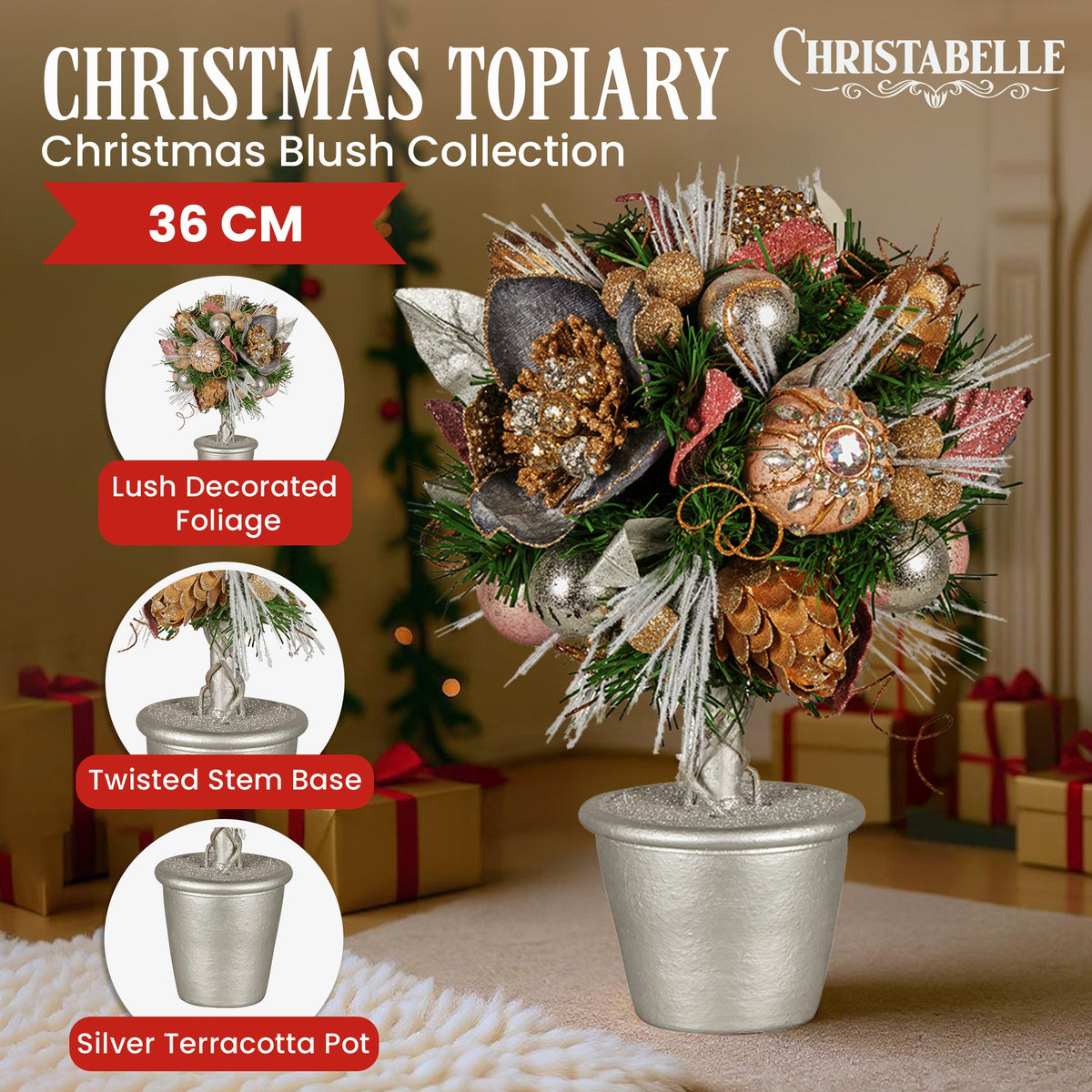36 cm Christmas topiary tree with jeweled baubles, berries, pine cones in silver pot