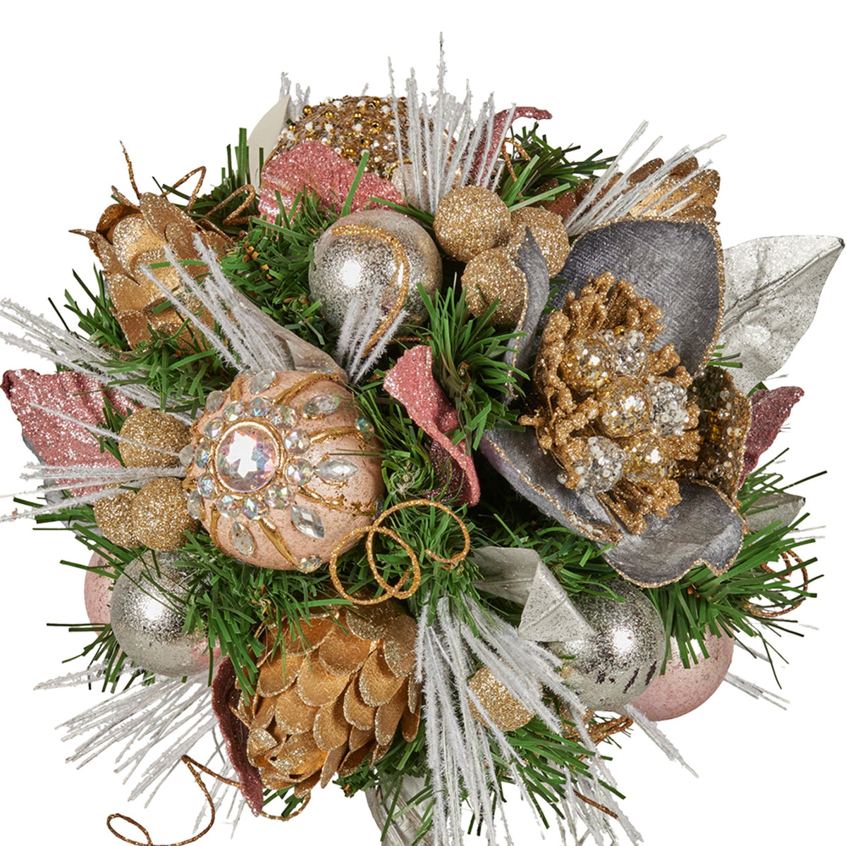 Christmas tabletop topiary tree head with gold and silver baubles, pine cones, ribbon bows
