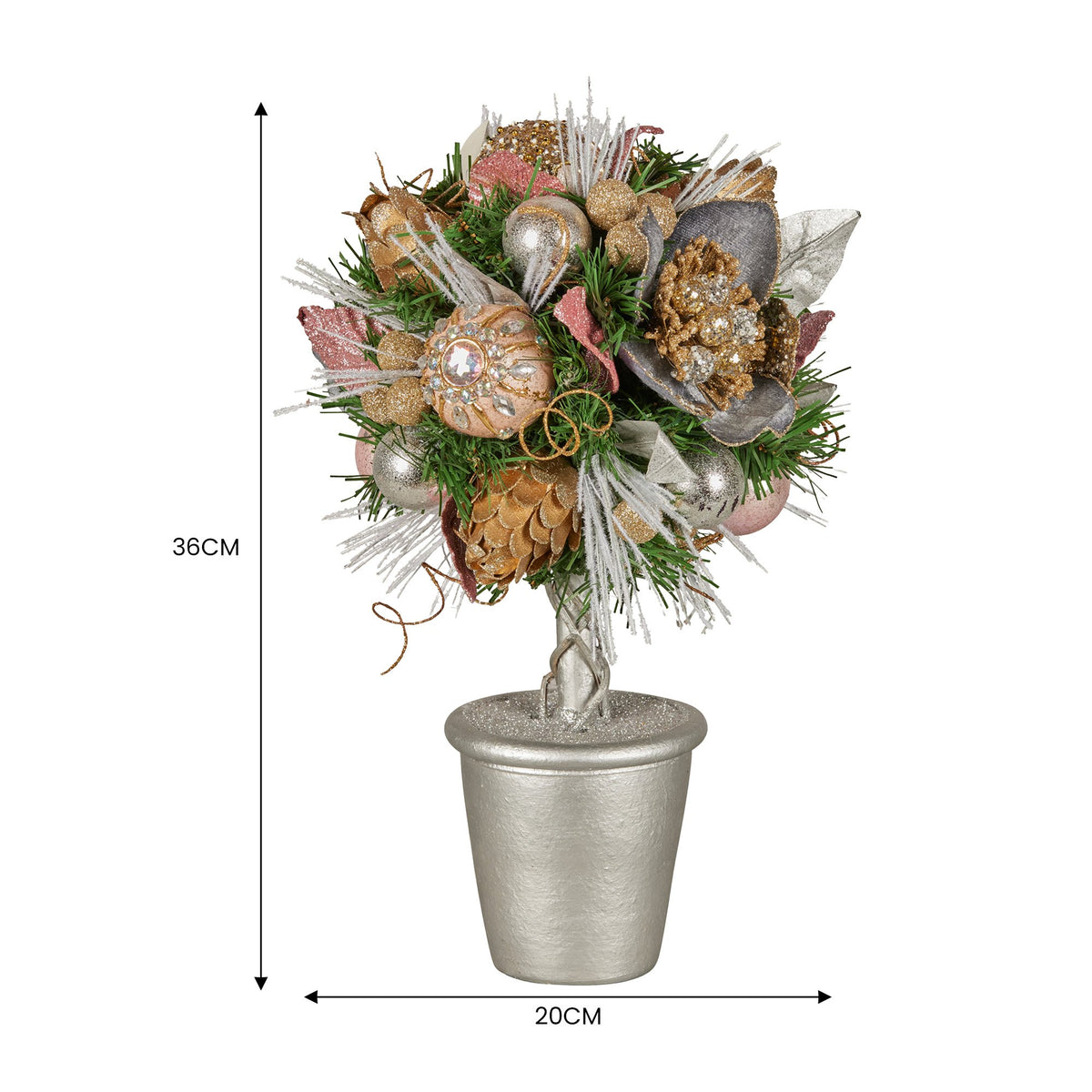 Christmas tabletop topiary tree with silver pot and decorated floral, bauble, pine cone arrangement