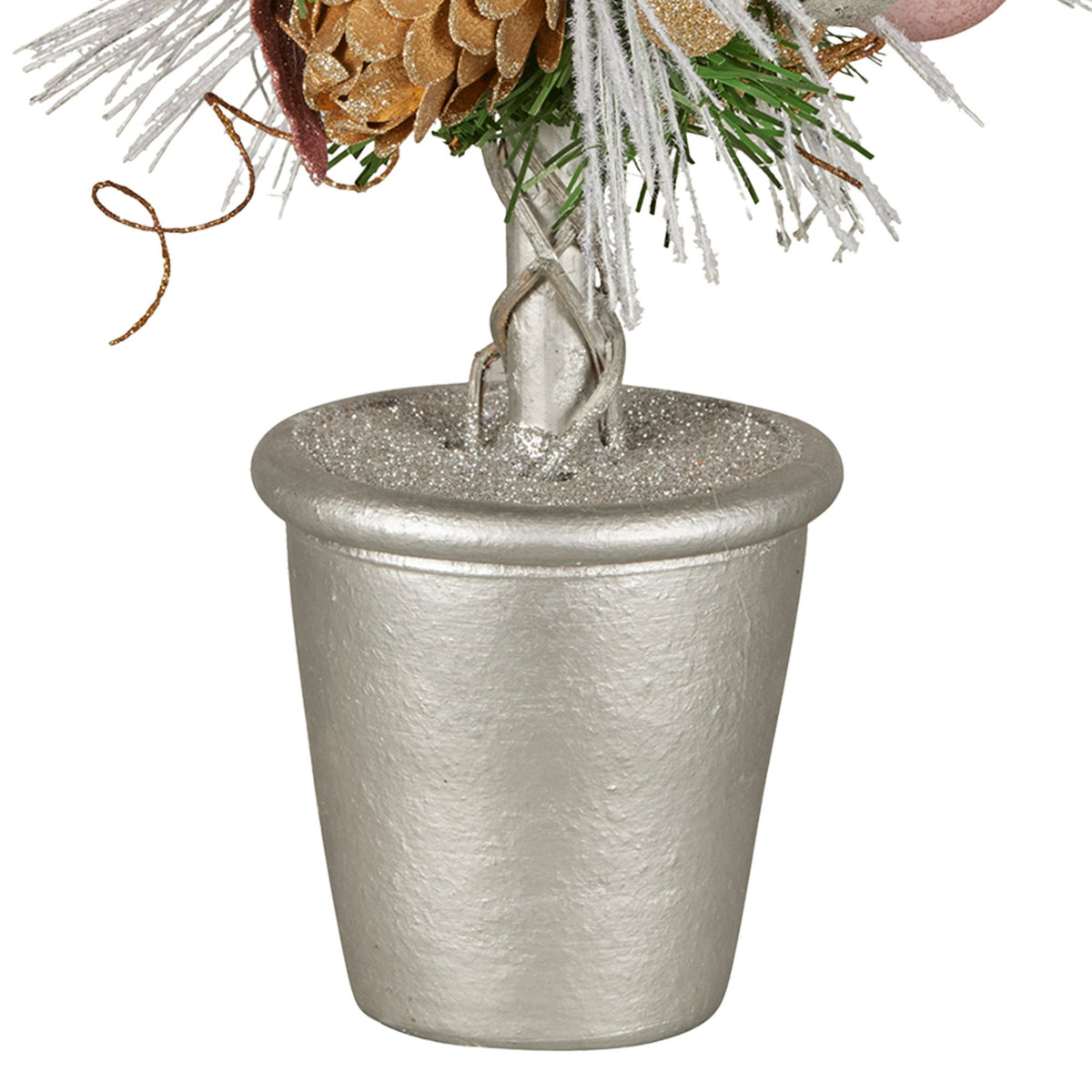 Silver terracotta pot base with twisted stem for Christmas tabletop topiary tree