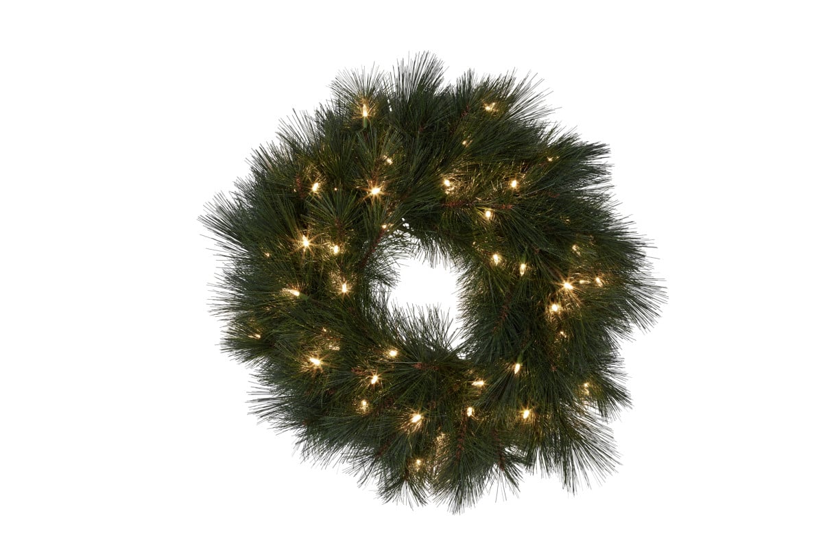 Green long-needle Christmas wreath with warm LED lights
