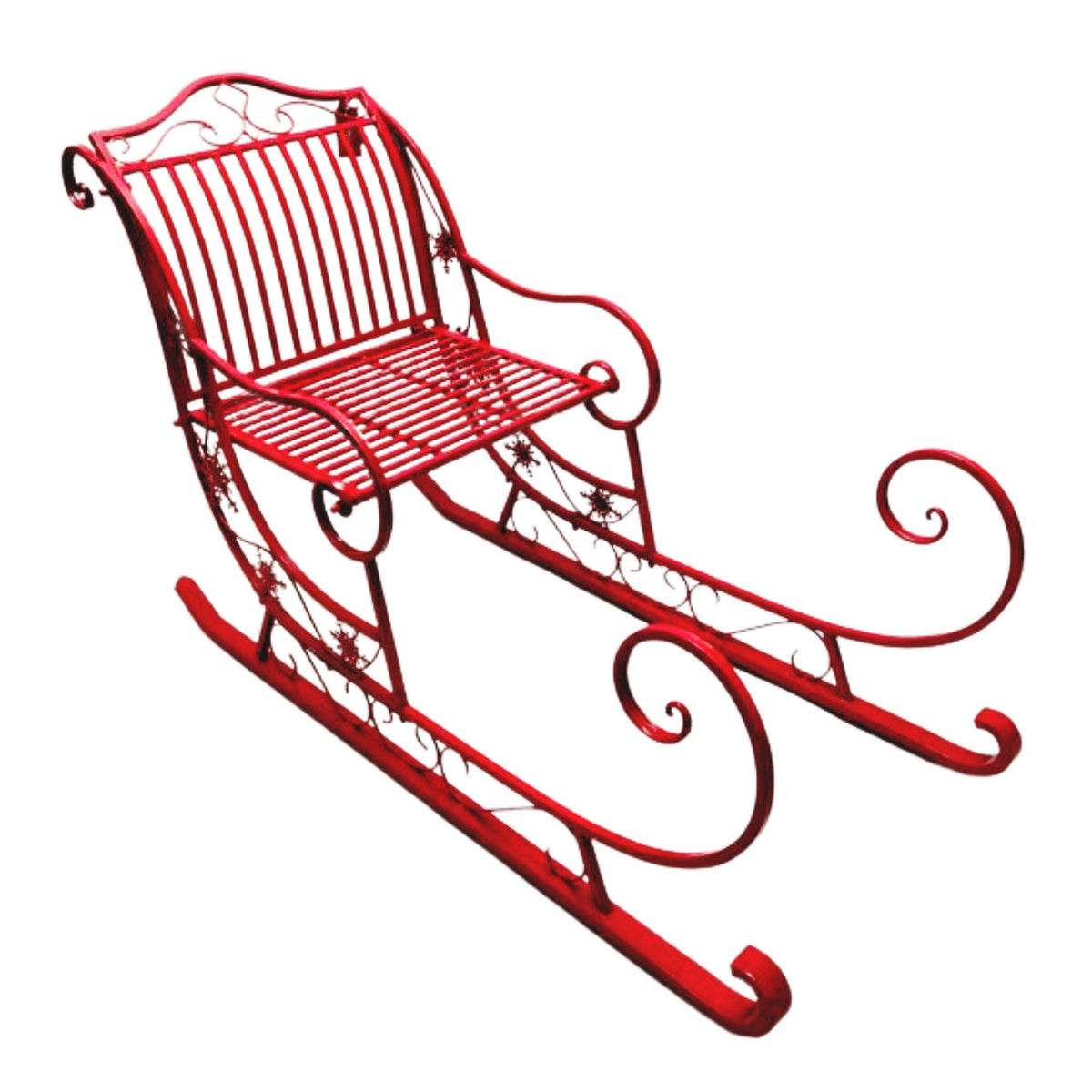 Red metal Christmas sleigh decoration with curved runners and scroll arms.