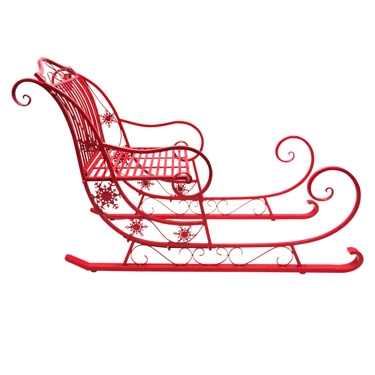 Red metal sleigh decoration with lattice seat, curled sides, and open framework.