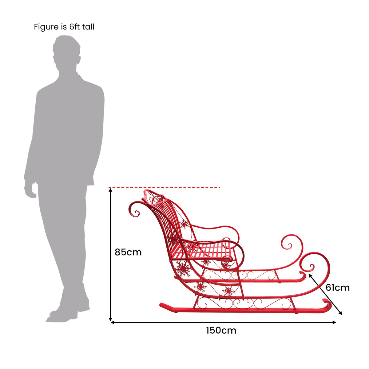 Red metal sleigh decoration with size diagram showing 150cm length.