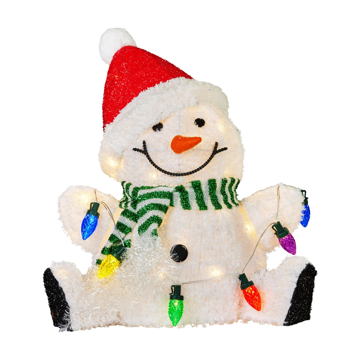 Sitting snowman decoration with red Santa hat, green striped scarf, and multicolor LED lights.