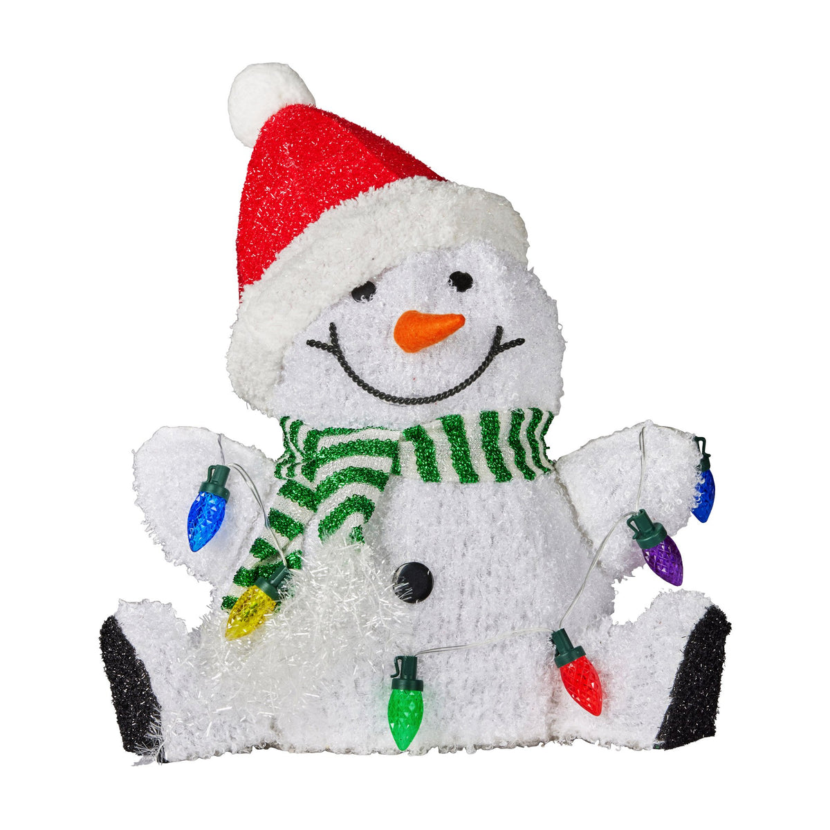 Sitting snowman decoration with red Santa hat, green striped scarf, and glowing multicolor LEDs.