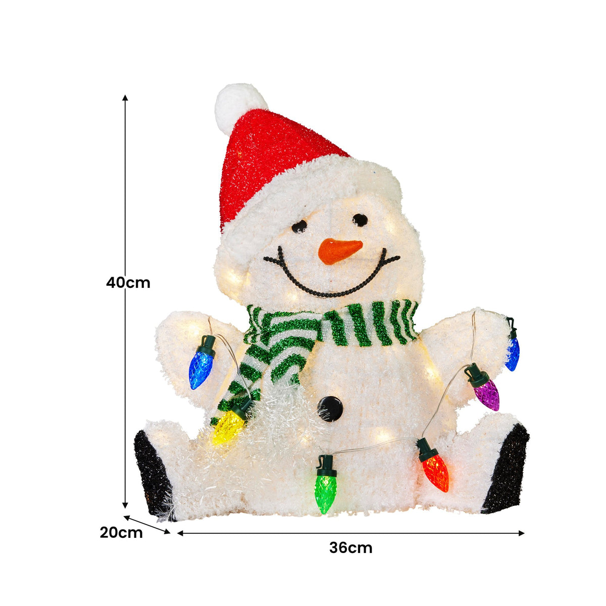 Sitting snowman decoration with red Santa hat, green striped scarf, and multicolor LED light bulbs.