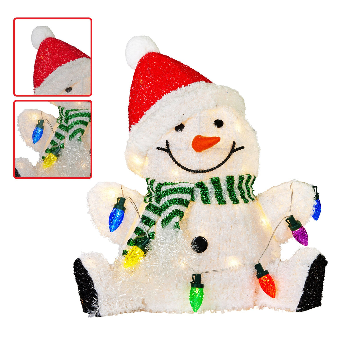 Sitting snowman decoration with red Santa hat, green striped scarf, and multicolor LED lights.
