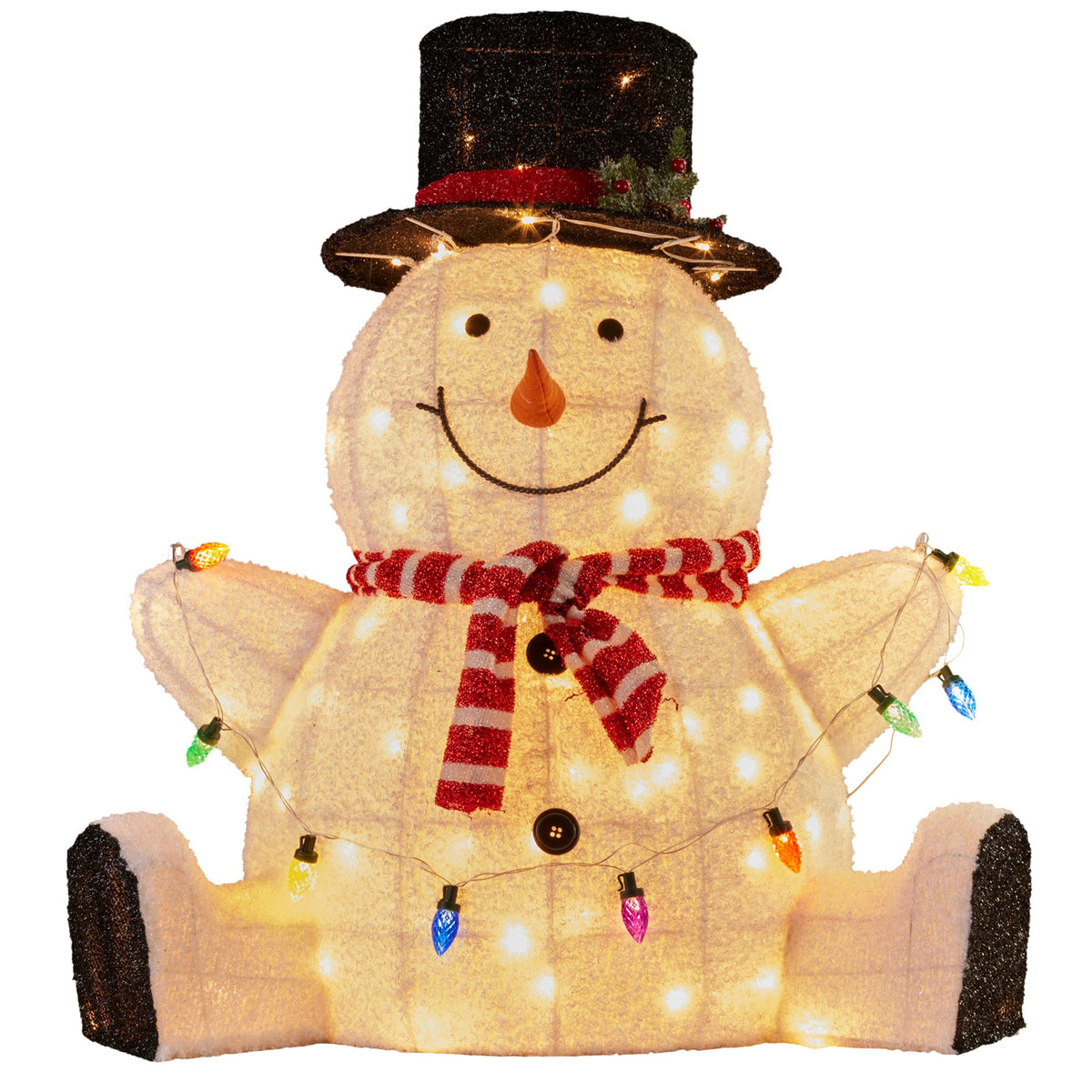 Fabric sitting snowman with black top hat, red striped scarf, and warm LED lights
