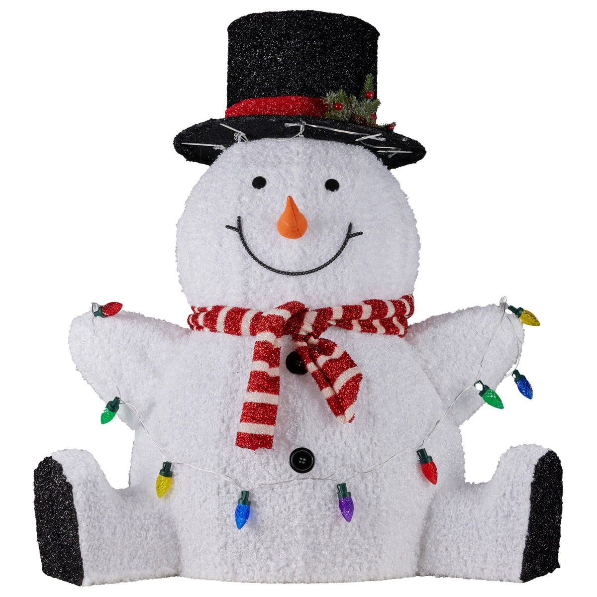 Felt sitting snowman with black top hat, red striped scarf, and warm LED lights