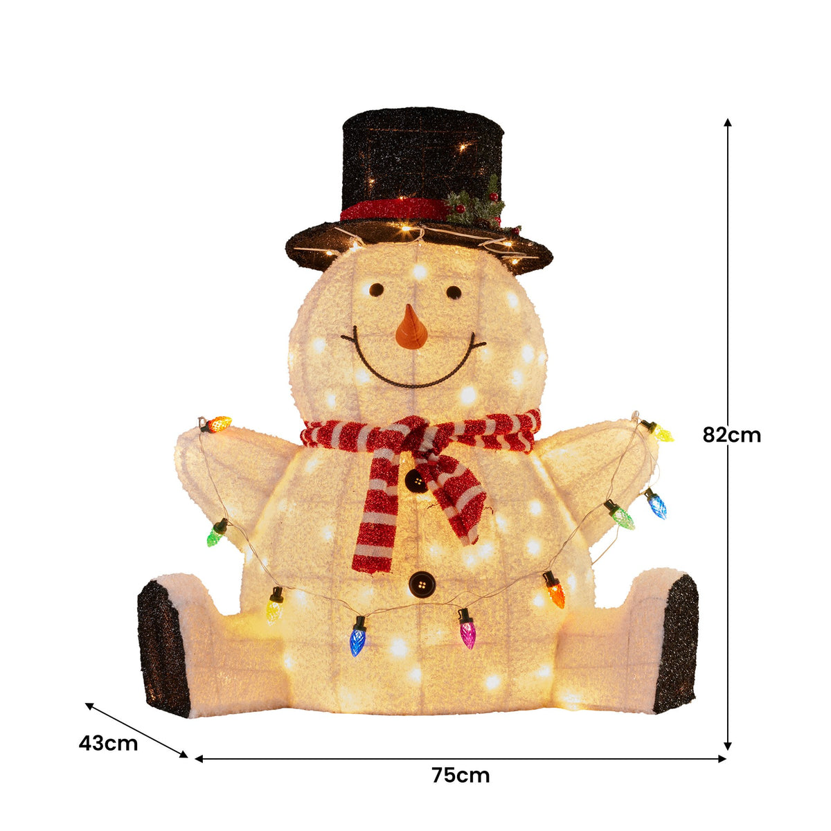 Sitting snowman decoration with black top hat, red striped scarf, and warm LED lights