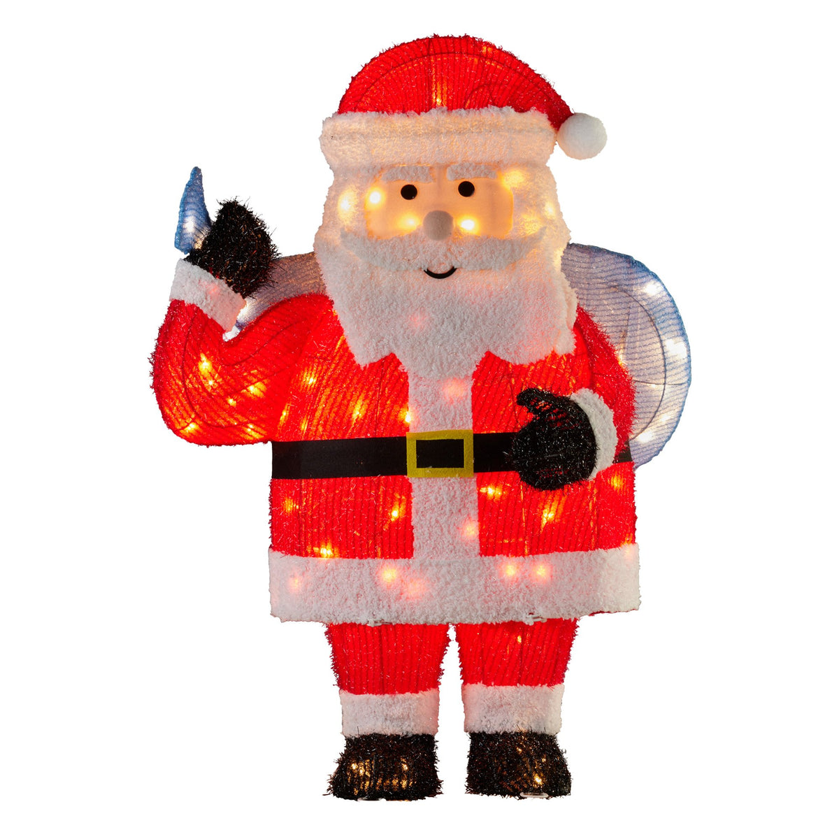 Light-up Santa yard decoration in red and white suit holding a blue sack, warm white LEDs